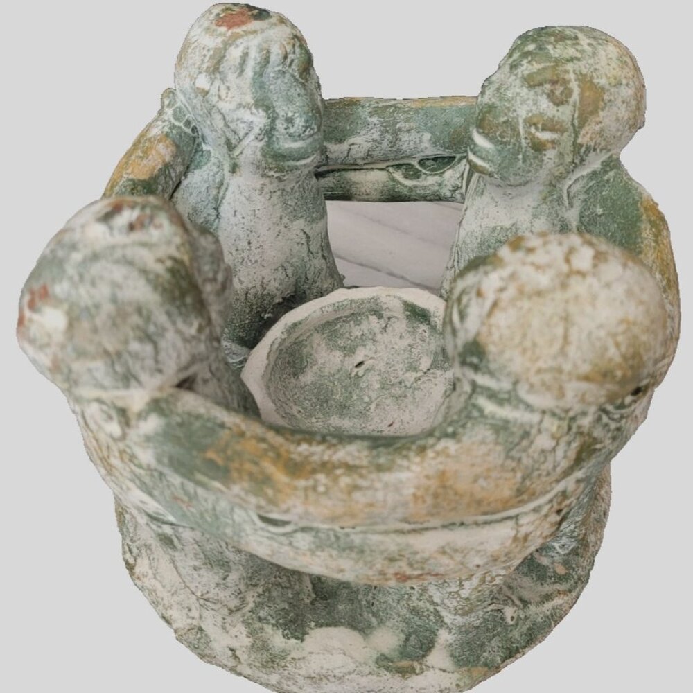 VTG Mexican Pottery Candle Holder Circle of 4 Friends Mayan Folk‎ Art Rustic